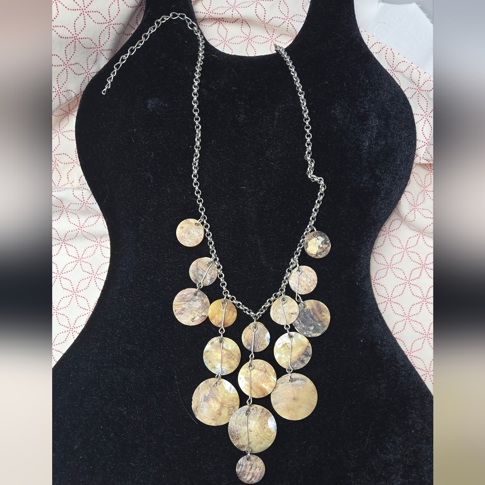 Abalone Shell Silver-Tone Disc Cascade Necklace -… - image 3